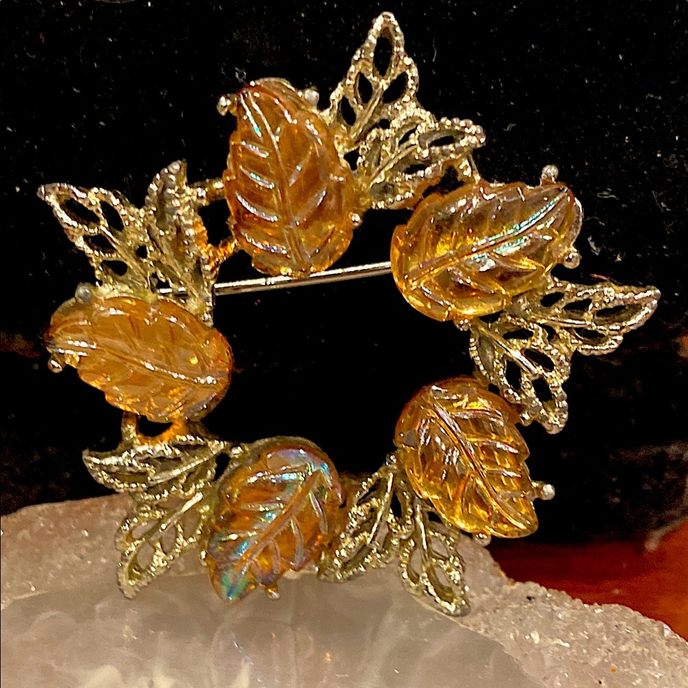 Givre Molded Glass Leaf Brooch in Gold Tone.  Lovely Intricate Design